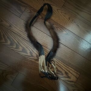 Judith Leiber Brown Fur and Black Gold Chain Hair Necklace